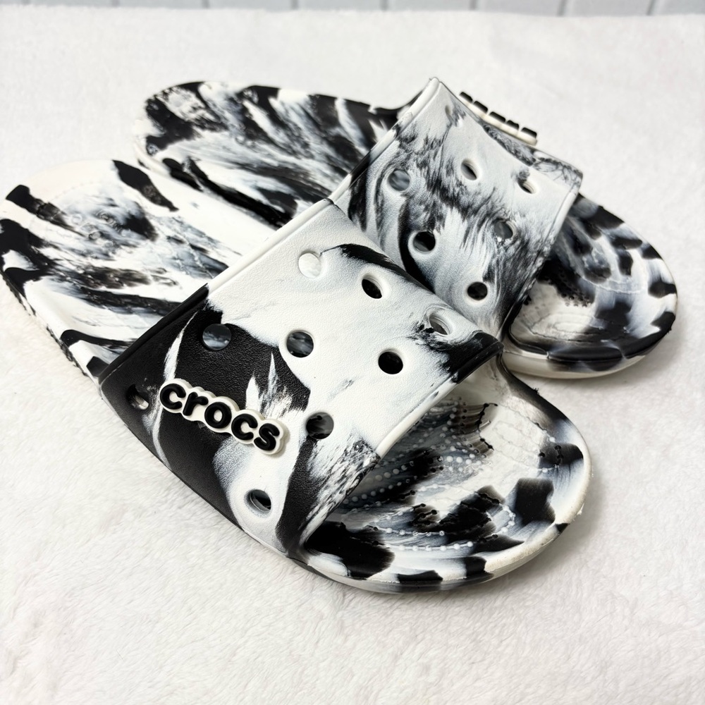 CROCS CLASSIC MARBLED SLIDES White Black Unisex Slides Sandals‎ M7 W9